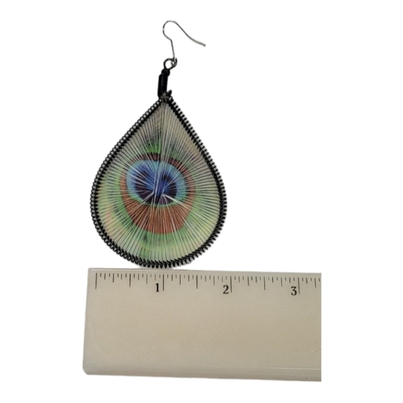 Green Blue Woven Teardrop Peacock Earrings - Picture 4 of 4